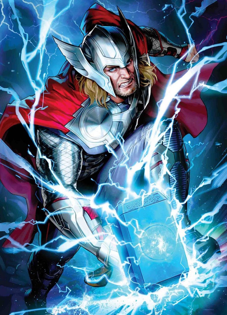 Thor frappant le sol avec son marteau Mjolnir